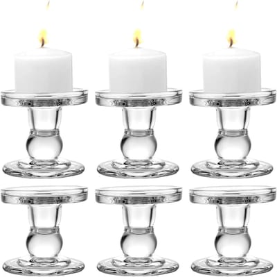 Set van 6 Kaarsenhouders voor Pijlerkaarsen, 8,6 cm Hoog, Transparante Glazen Kaarsenstandaards voor Bruiloften en Verjaardagen