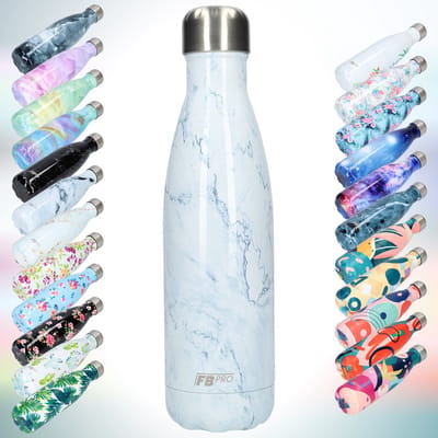 FBFS31, Thermosfles, Drinkfles, Waterfles - Modern & Slank Design - Thermos Fles voor de Warme en Koude Dagen - Dubbelwandig - Robuuste Thermoskan - 500ml - Light Blue Marble - Licht Blauw Marmer