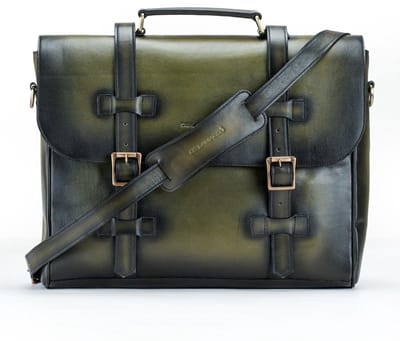DE LAMASSU® Bastien Leren Aktetas 17 inch – Unisex Business Laptoptas van Volnerf Rundleer – Vintage Werktas met Dubbele Gesp