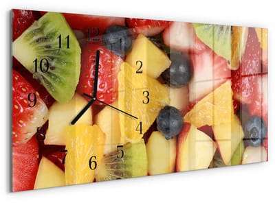 Tulup Wandklok - Fruitsalade Glazen Wandklok Design - 60x30 cm - Veelkleurig Klok Glas Met Opdruk - Zwarte Handen - Rechthoekige Wandklok - Gekleurde Glazen Klok - Glazen Klok Met Print