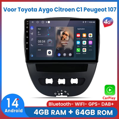 Awesafe 8-Core 4+64GB Autoradio - Geschikt Voor Toyota Aygo Citroen C1 Peugeot 107 2005-2014 - Draadloze Carplay Android Auto - Touchscreen - GPS Navigatie 4G WiFi - Bluetooth Radio - 2005 2006 2007 2008 2009 2010 2011 2012 2013 2014