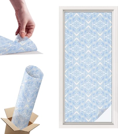 Tulup Raamfolie Anti inkijk - Bloemenornament Privacy Folie Raam - 50x116 cm - Blauw Anti inkijk Folie - Raamfolie Tegen inkijk Glas in Lood - Voor de slaapkamer, woonkamer en hal. - Raamfolie Zonwering