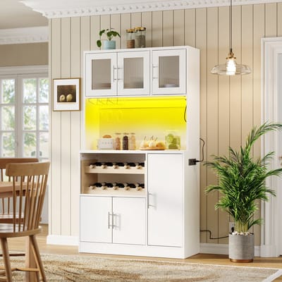 OKWISH Keukenkast – Met Ledverlichting En Stopcontact – 100x40x180 Cm – Wijnglazenhouder En Wijnrek – Veel Opbergruimte – MDF Wit