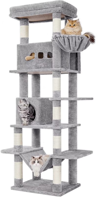 Multi level Cat Tower - Krabpaal Katten 210 cm – Grote Kattenboom met 8 Krabpalen – Multi-level Kattentoren met Slaapplaatsen en Pompons – Voor Binnenkatten