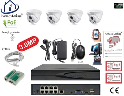 Home-Locking complete set PoE camera beveiligingssysteem met bewegingsdetectie camera's en NVR 8ch 8MP H265 met 4 dome pvc camera's 3.0MP CS-4-1532