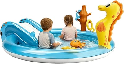Kinderbad met Glijbaan - Opblaasbaar Zwembad - Zomerse Waterpret - Zeethema Decoratie - 200x152x66cm - Zeedieren