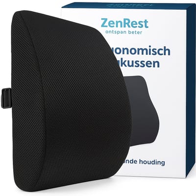 ZenRest Lumbaal Kussen – Ergonomisch Rugkussen met Memory Foam – Ondersteuningskussen voor Onderrug – Voor Stoel, Auto & Bureaustoel – Met Verstelbare Band – Wasbare Hoes – Zwart