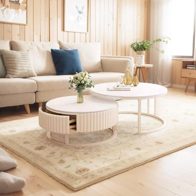 Set van 2 Ronde Salontafels Wit Marmerlook – Moderne Nestelbare Bijzettafels met Metalen Frame