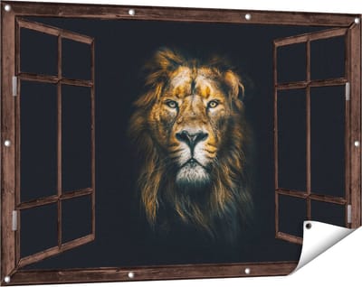 Gards Tuinposter Doorkijk Leeuw - Leeuwenkop - Kleur - 120x80 cm - Tuindoek - Tuindecoratie - Wanddecoratie buiten - Tuinschilderij