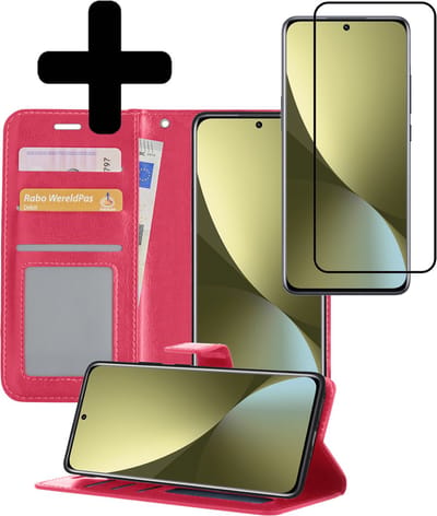 Hoesje - Met Screenprotector - Geschikt voor Xiaomi 12 - Luxe Pasjeshouder - Bookcase Portemonee - Flip Case - Kunstleer Book Case - Flipcase - Book Cover - Walletcase - Portemonneehoes - Telefoonhoesjes - Donkerroze
