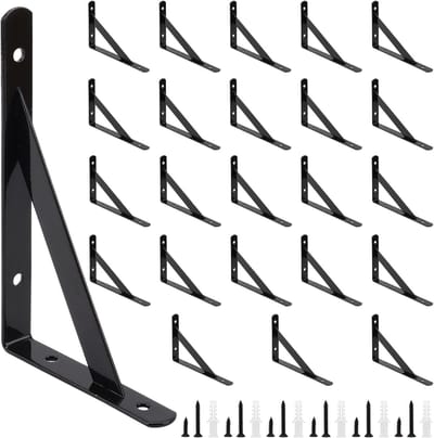 Set van 24 Zwarte Hoeksteunen van 15 x 9,5 x 0,3 cm voor Wandplanken, Ideaal voor Opslagrekken en Muurbevestigingen met Schroeven en Expansiebuis
