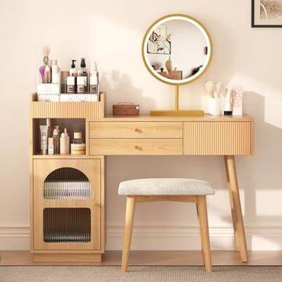 Moderne houten kaptafel met LED-spiegel en verstelbare verlichting, 120 x 40 x 90 cm, met 3 laden en zijkasten