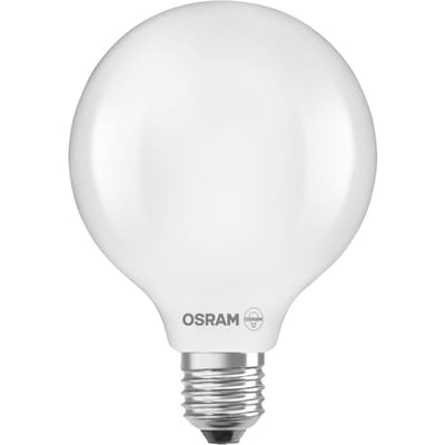 Osram LED lamp in classic globe shape, with decorative LED filament, energy efficiency class A, E27, 7.2 W, 1521 lm, 4000 K, cool white. 100% light straight away, with no warming up.