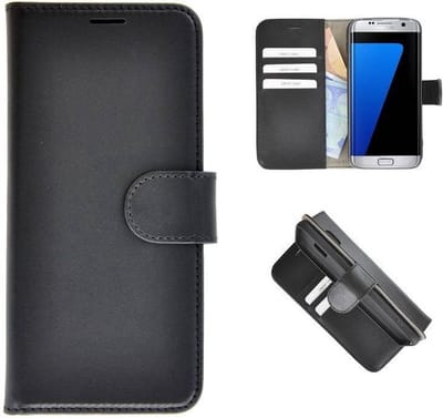 Echt Lederen Wallet Bookcase Pearlycase® Handmade Effen Zwart Hoesje Geschikt voor Samsung Galaxy S7 Edge