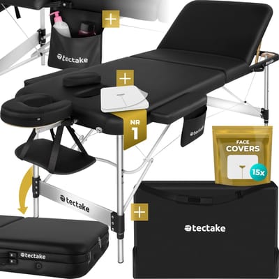 tectake® 3-Zones Massagetafel - 70cm Breed - Behandelbank met 5cm Dikke Vulling en Aluminium Frame - Inclusief 15 Hoofdsteundoekjes en Draagtas - Max Draagvermogen 230kg - Zwart