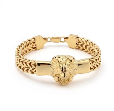 Heren armband – goudkleurige schakelarmband met leeuwenkop detail – metalen ontwerp