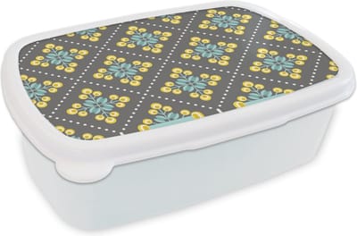 Broodtrommel Wit - Lunchbox Design - Ruit - Bloemen - Grijs - Brooddoos 18x12x6 cm - Brood lunch box - Broodtrommels voor kinderen en volwassenen