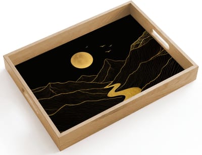 Dienblad hout 40x30 cm - Schootdienblad - Rivier - Goud - Maan - Vogels - Borrelplank rechthoek - Plateau dienbladen