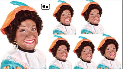 6x Luxe Pieten pruik kroes zwart/bruin - verstelbare kap en wasbaar - Sinterklaas feest thema feest Sint en Piet