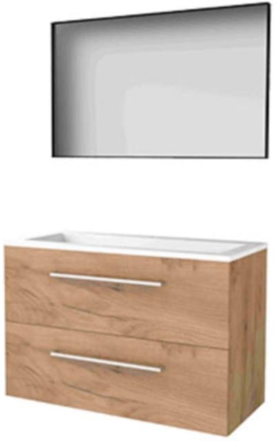 Basic-Line Framed 46 Badkamermeubelset - 100 x 46 cm - Met Grepen - 2 Lades - Acryl Wastafel - 1 Kraangat - Spiegel met Zwart Aluminium Frame - Whisky Oak