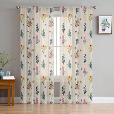 Bloemen Madeliefjes Lavendel Vlinders Slaapkamer Transparante Vitrages Vakantiedecoratie Raam Voile Tule Gordijn 135W x 114H(cm) white