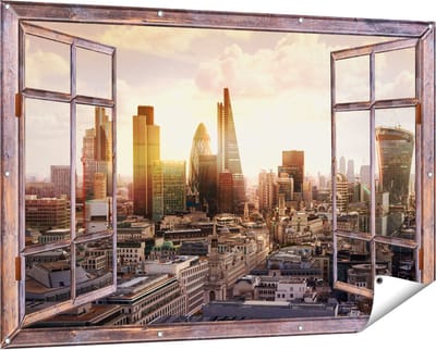 Gards Tuinposter Doorkijk Londen bij Zonsondergang in een Moderne Wijk - 150x100 cm - Tuindoek - Tuindecoratie - Wanddecoratie buiten - Tuinschilderij