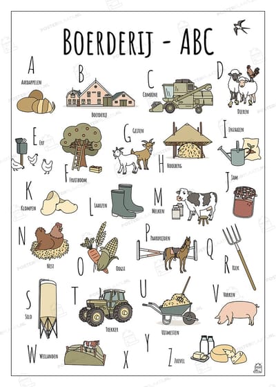 ABC Poster Boerderij - 50 x 70 cm - Educatieve Letterposter met Handgetekende Illustraties - Kinderkamer & Wanddecoratie - Woondecoratie - Relatiegeschenk