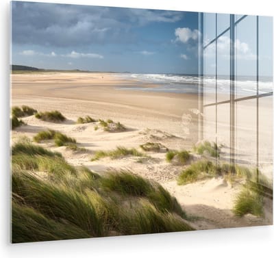 MuchoWow® Glasschilderij 160x120 cm - Schilderij acrylglas - Zand - Duin - Zee - Foto op glas - Muurdecoratie woonkamer - Wanddecoratie slaapkamer - Schilderijen