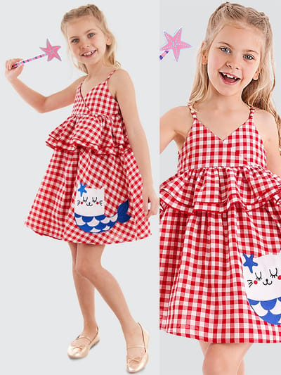 Denokids CFF-24Y2-025 Rode Meisjesjurk van Poplin met Zee Kat Print 92