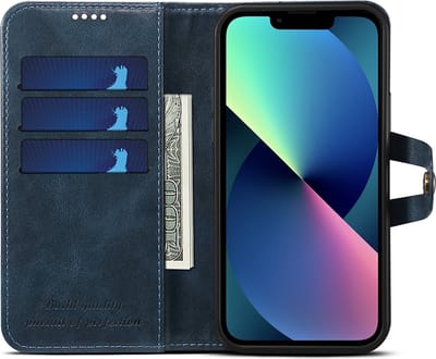 geschikt voor iPhone 13 Wallet met vakjes voor pasjes - Gemaakt van premium kunstleer - geschikt voor iPhone 13 Hoesje met Standaard - Vintage Backcover geschikt voor iPhone 13 Wallet Case blauw