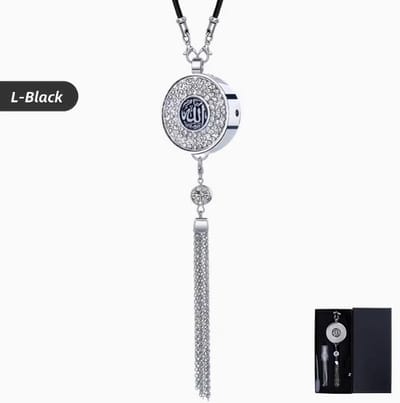 Luxe Auto Parfum Hanger met Strass Steentjes - Hervulbaar Geurflesje voor Autospiegel - Inclusief Geschenkdoos & Pluche Pompon - Zilver L-Zwart