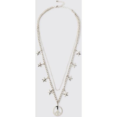 Silver Layered Chain with Star Accents and Peace Pendant