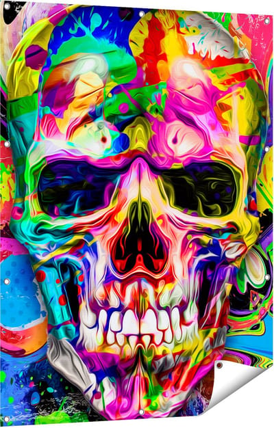 Gards Tuinposter Gekleurde Schedel - Doodskop - Doodshoofd - 90x120 cm - Tuindoek - Tuindecoratie - Wanddecoratie buiten - Tuinschilderij