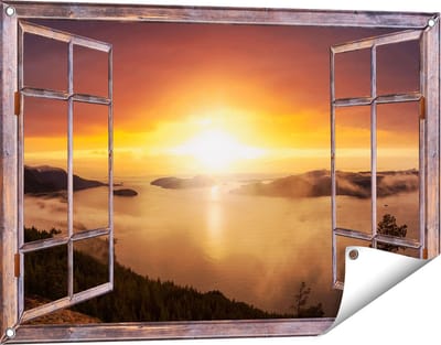 Gards Tuinposter Doorkijk Zonsondergang in de Bergen met Wolken - 90x60 cm - Tuindoek - Tuindecoratie - Wanddecoratie buiten - Tuinschilderij