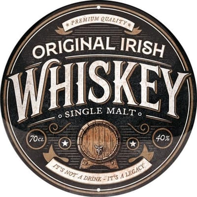 Whiskey Original Irish. Metalen wandbord in reliëf Ø 35 cm.