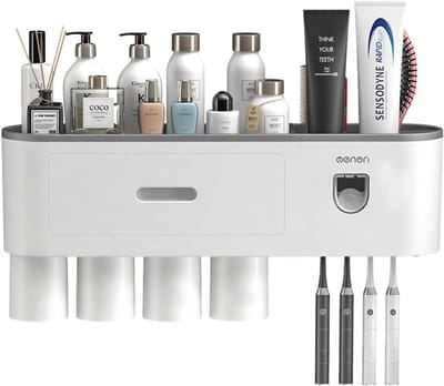 Tandenborstelhouder Voor Wandmontage - Met Automatische Tandpastadispensers - Tandenborstelhouder Met 4 Vakjes - 4 Magnetische Bekers 1 Lade Voor Cosmetica