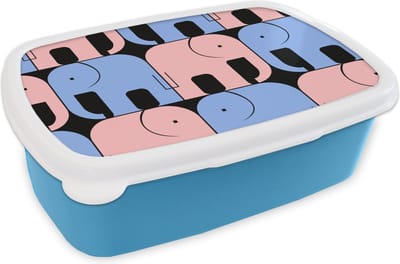 Broodtrommel Blauw - Lunchbox - Brooddoos - Olifant - Lijn - Zwart - Patronen - 18x12x6 cm - Kinderen - Jongen