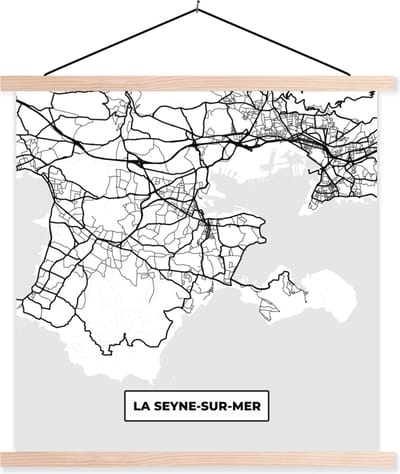 Posterhanger incl. Poster 40x40 cm - Schoolplaat - Frankrijk - Kaart - Plattegrond - Stadskaart - La Seyne-sur-Mer - Zwart wit - Textielposter - Blanke latten - Stadskaart