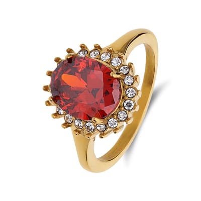 Lucardi Dames Stalen goldplated ring met rood zirkonia - Ring - Staal - Goudkleurig - 15 / 47 mm