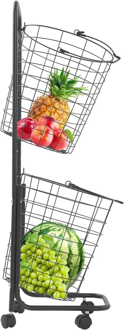Wasmand met 2 verdiepingen - Kleding organizer - Sorteren en opbergen - Met wielen - 26x33x105 cm - Zwart
