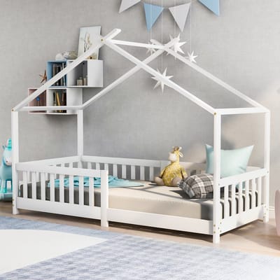 MODENUIT Huisbed 90x200 cm – Kinderbed met Dakconstructie – Veiligheidshek rondom – Zonder matras – Massief Grenenhout – Wit