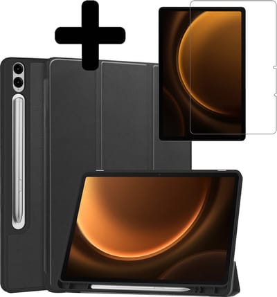 Hoes - Geschikt voor Samsung Galaxy Tab S9 FE Plus - Met Screenprotector - Trifold Bookcase - Hard Cover Case - Met Uitsparing Geschikt voor S Pen - Hardcover Book - Tablet Hoesje - Zwart