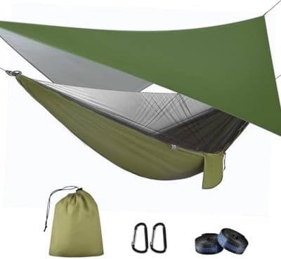 Hangmat met muggennet en tentzeil voor op reis, camping, hangmat, outdoor, belastbaar tot 200 kg, ultralicht, ademend, voor outdoor, wandelen, reizen (legergroen)