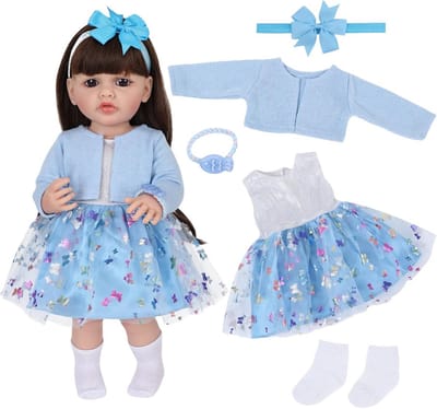 5 Delige Poppenkleding Set voor Poppen van 50-55 cm - Blauwe Tule Jurk met Accessoires