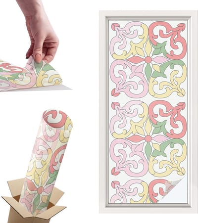 Tulup Raamfolie Anti inkijk - Bloemornamenten Privacy Folie Raam - 50x116 cm - Rood Anti inkijk Folie - Raamfolie Tegen inkijk Glas in Lood - Voor de slaapkamer, badkamer en woonkamer. - Raamfolie Zonwering