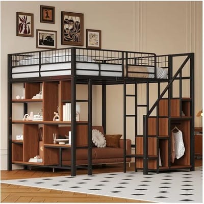 Merax Multifunctionele hoogslaper 140 x 200 cm, metalen bed met opbergruimte, planken en trappen, bed voor volwassenen en kinderbed