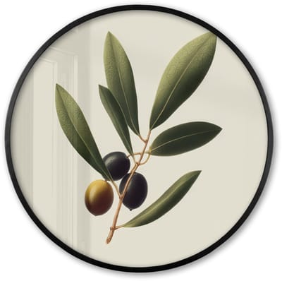 Poster in lijst Rond - Fotolijst 60x60 cm - Posters - Olijftak - Donkergroen - Olijven - Ronde posterlijst zwart - Decoratie - Wanddecoratie woonkamer - Muurdecoratie slaapkamer
