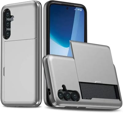 Hoesje met Kaarthouder Slider Geschikt voor Samsung Galaxy S24 FE | Back Cover Pasjeshouder Achterkant | Kaarthouder voor Twee Pasjes | Grijs