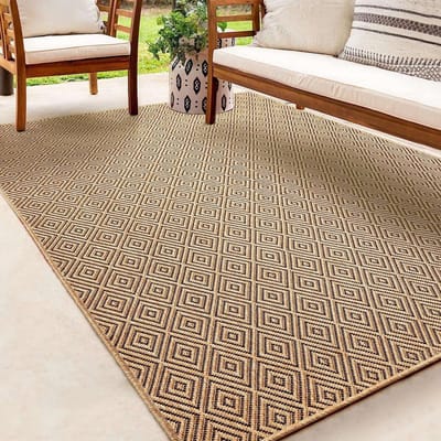 Vloerkleed Kenzy – Geschikt voor Binnen en Buiten – Natuurlijk Ruitmotief – Beige Bruin-80 x 250 cm
