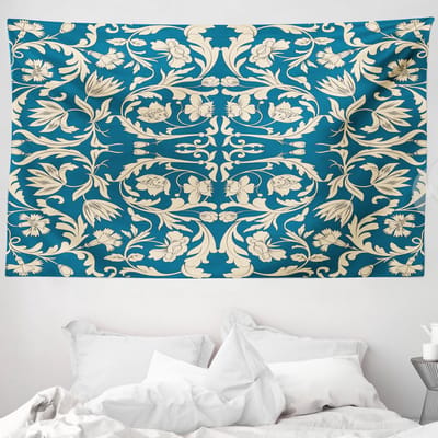 ABAKUHAUS Chinees wandtapijt en sprei, antieke oosterse rol, 230 x 140 cm, petrolblauw en crème